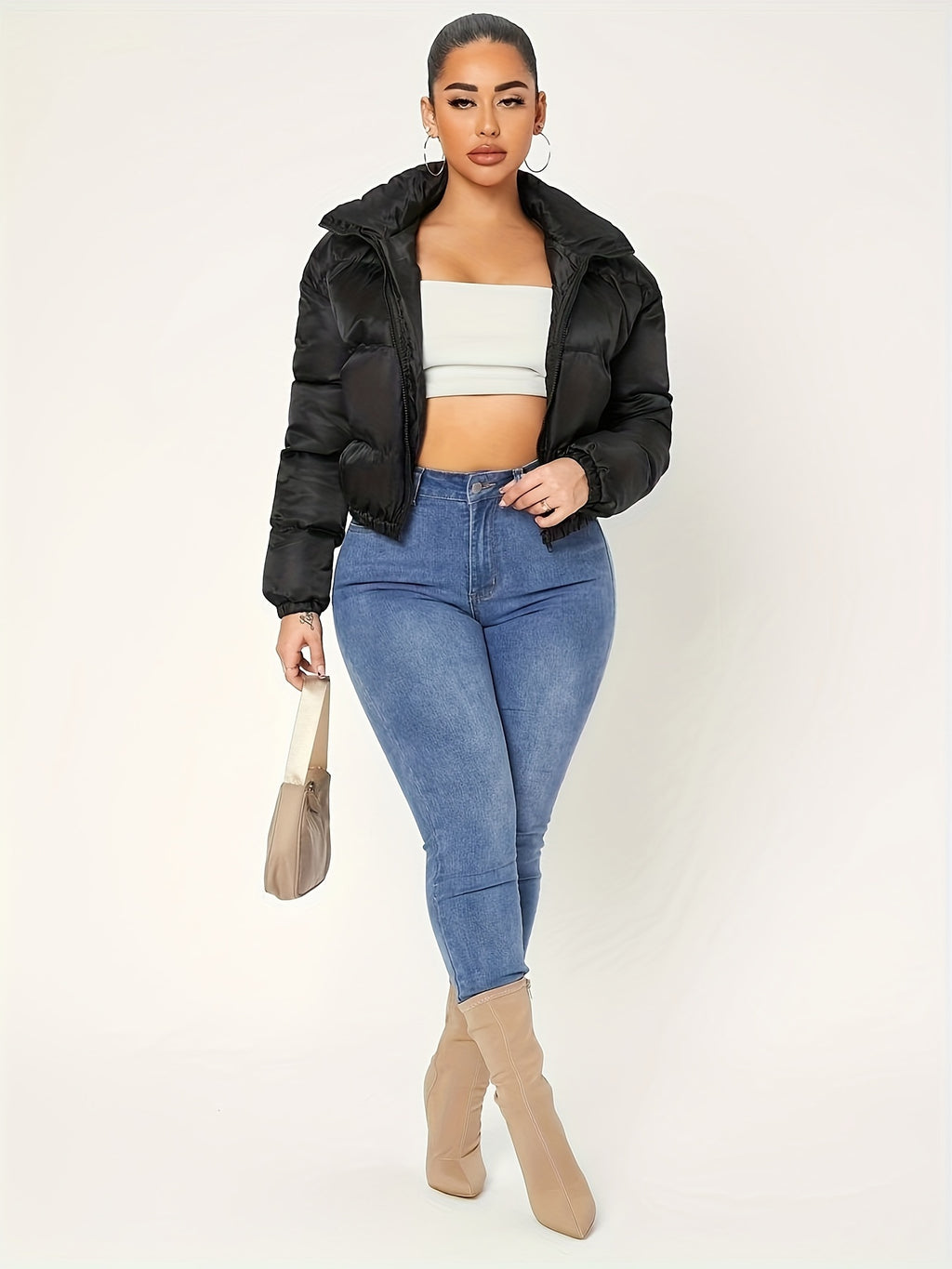 Faelisse | Cropped Damesjas – Slim Fit, Ritssluiting, Lange Mouwen & Effen Design