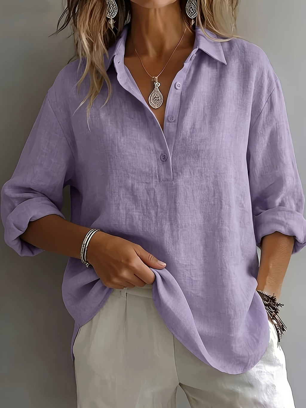 Lilou | Damesblouse met lange mouwen – Loszittend overhemd met kraag en knopen