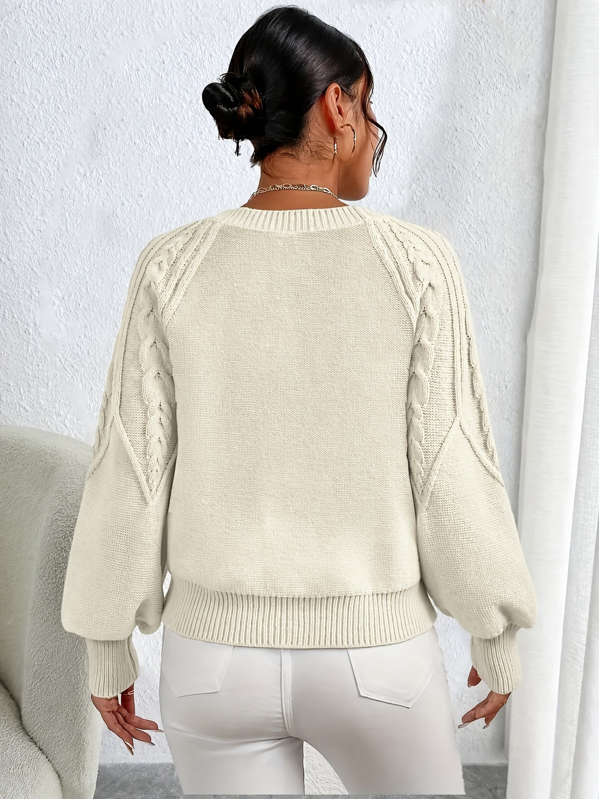 Henriëtte | Dames Gebreide Trui met Ronde Hals, Structuur & Wijde Lantaarnmouwen
