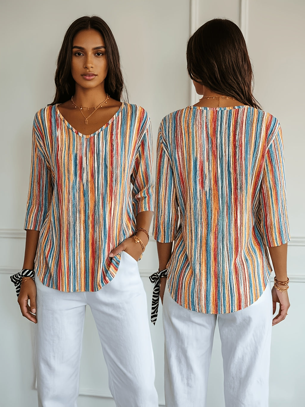 Beatrix | Casual Damesblouse – Gestreepte Losvallende Blouse met V-Hals en 3/4 Mouwen