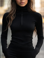 Berendina | Getailleerd T-shirt met hoge hals voor dames – Effen stretch-top met lange mouwen