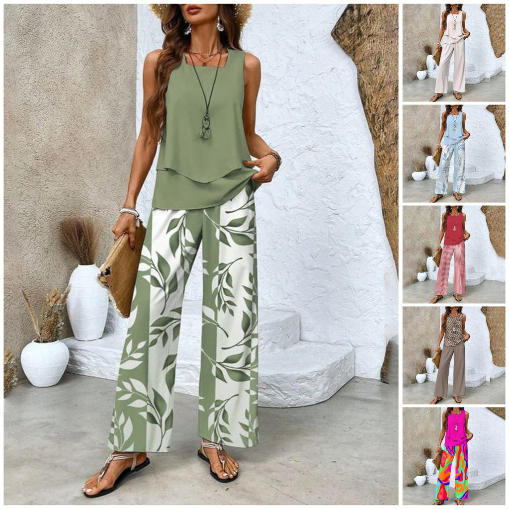 Giavanna | Casual set voor dames – Top met print en broek met wijde pijpen