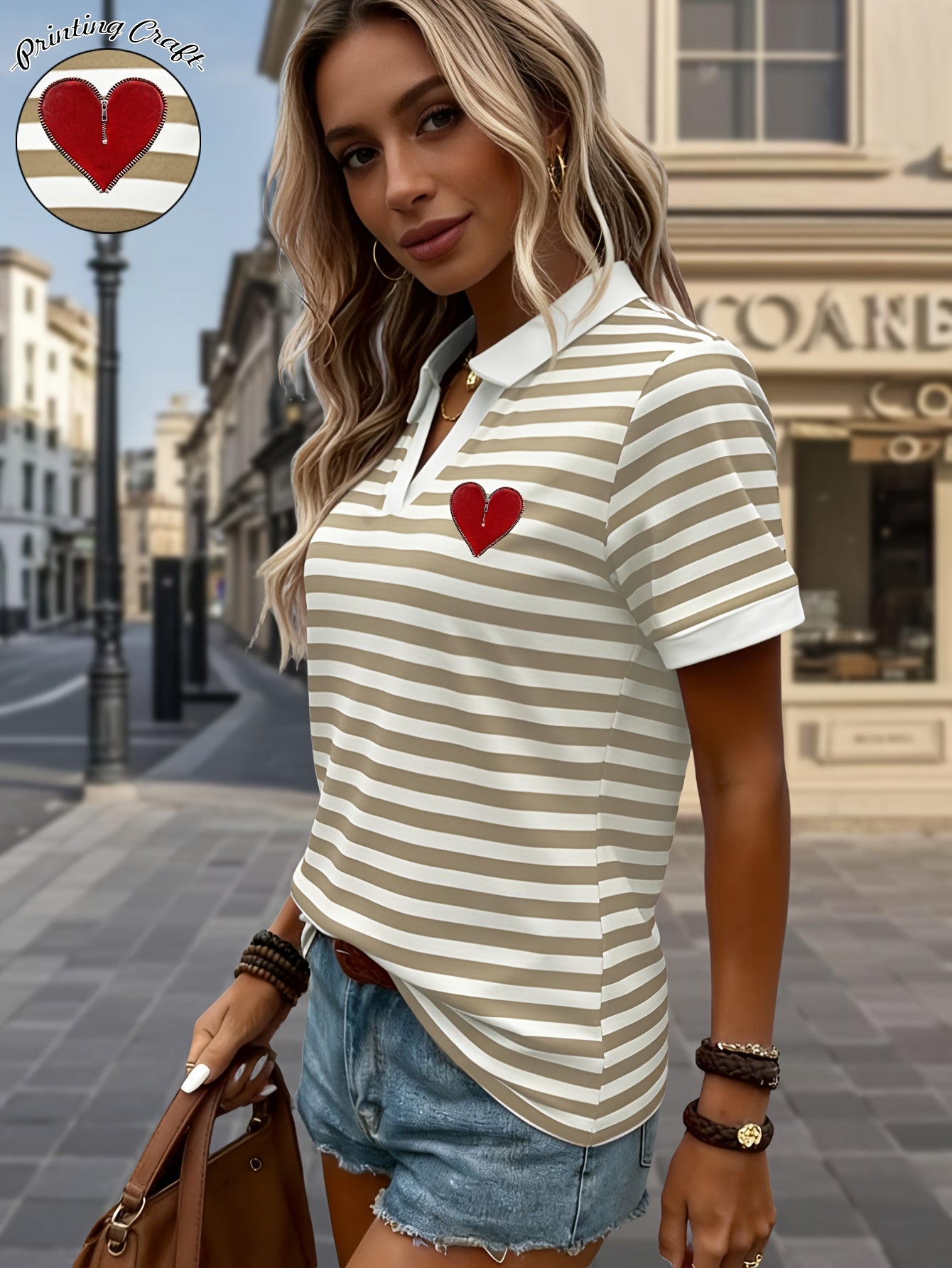 Azelora | Dames Gestreept V-hals T-shirt – Casual Blouse met Korte Mouwen en Hartprint