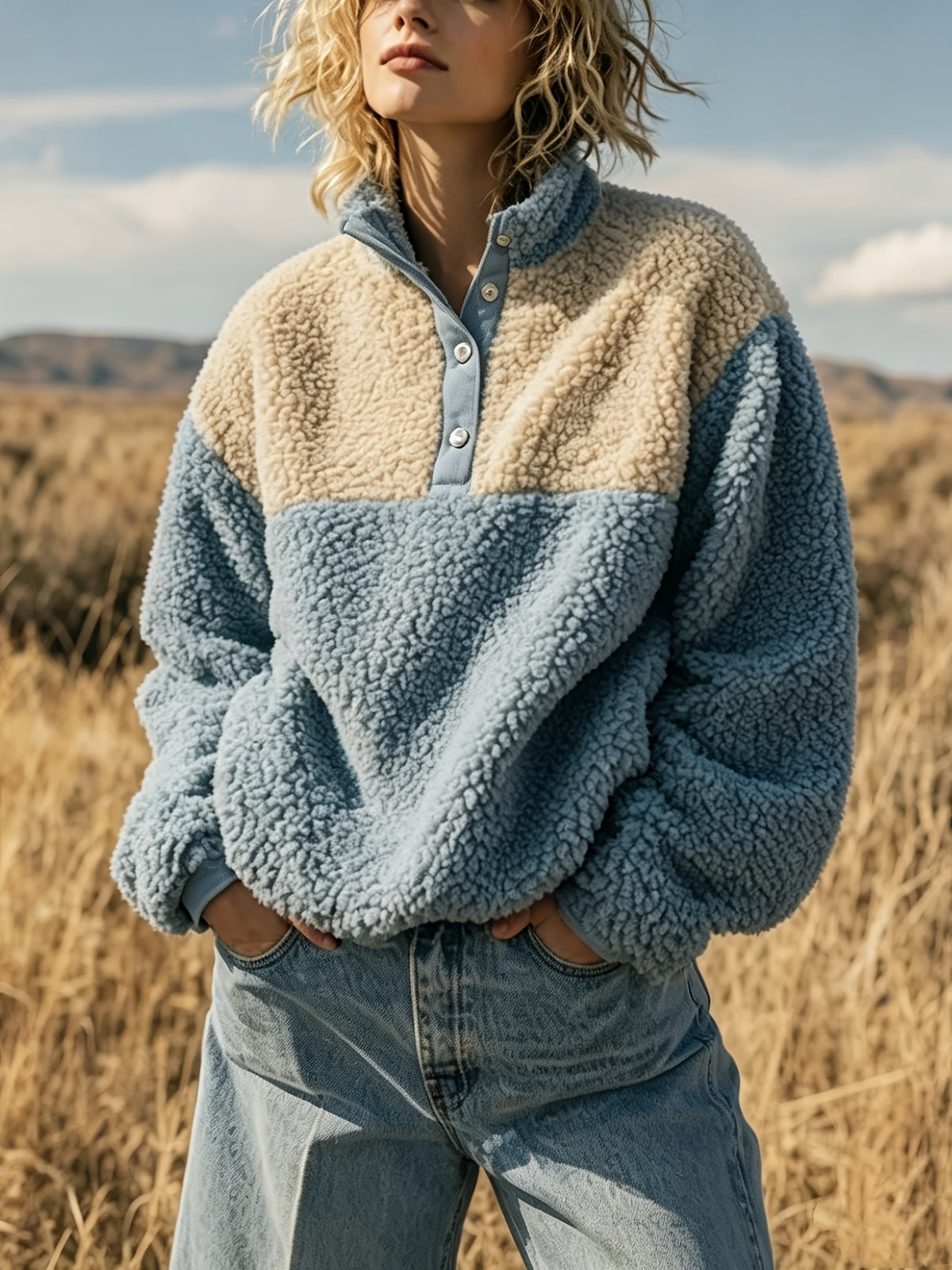 Anoria | Dames zachte color-block sweater – Halve knoopsluiting aan de voorkant