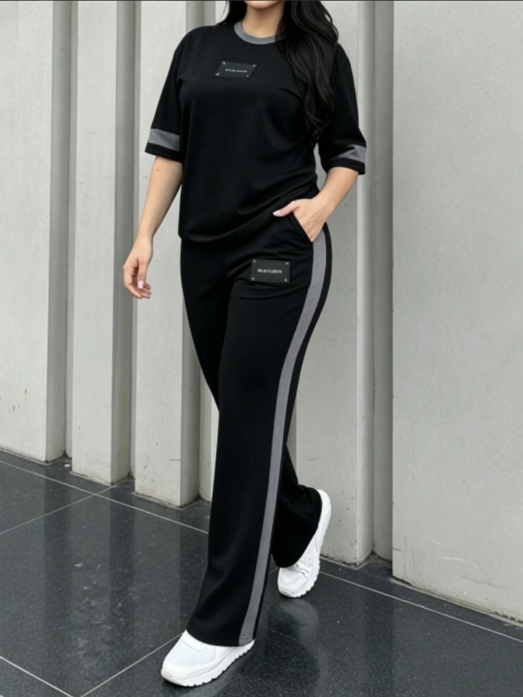 Lorielle | 2-delige loungeset voor dames – T-shirt met kleurblokken en een lange broek