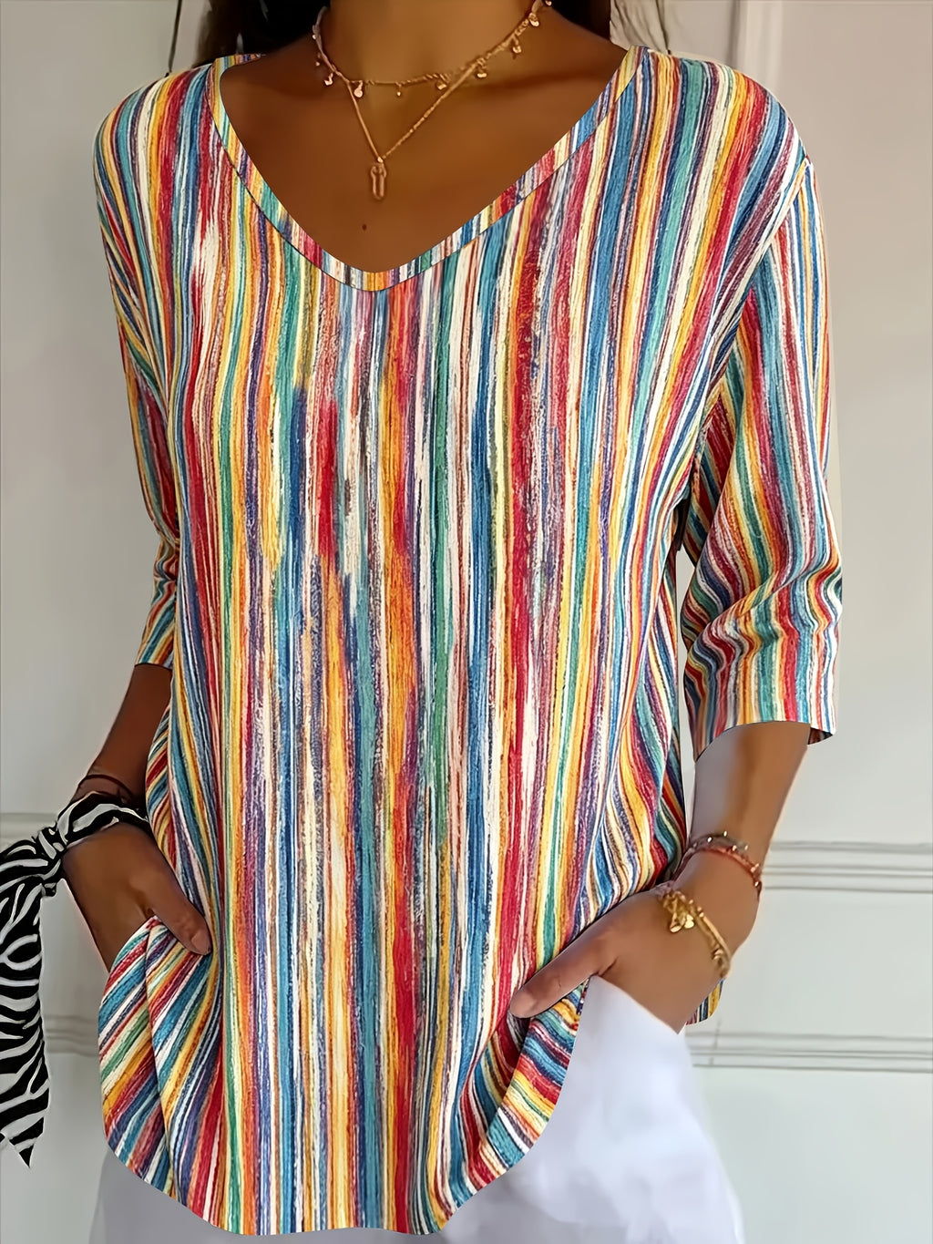 Beatrix | Casual Damesblouse – Gestreepte Losvallende Blouse met V-Hals en 3/4 Mouwen