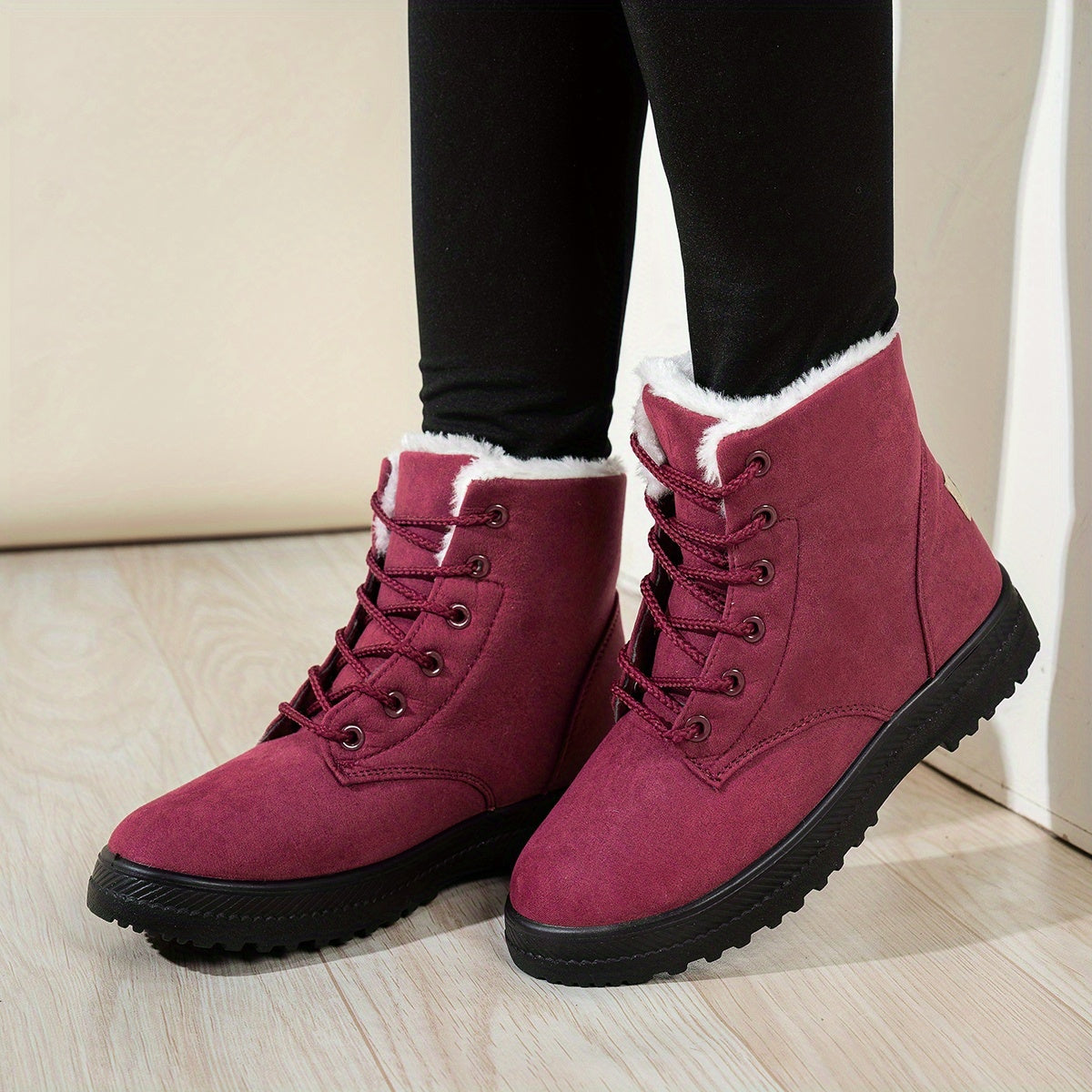 Doralina | Dames Enkellaarzen – Korte Pluche Gevoerde Veterschoenen, Effen & Casual