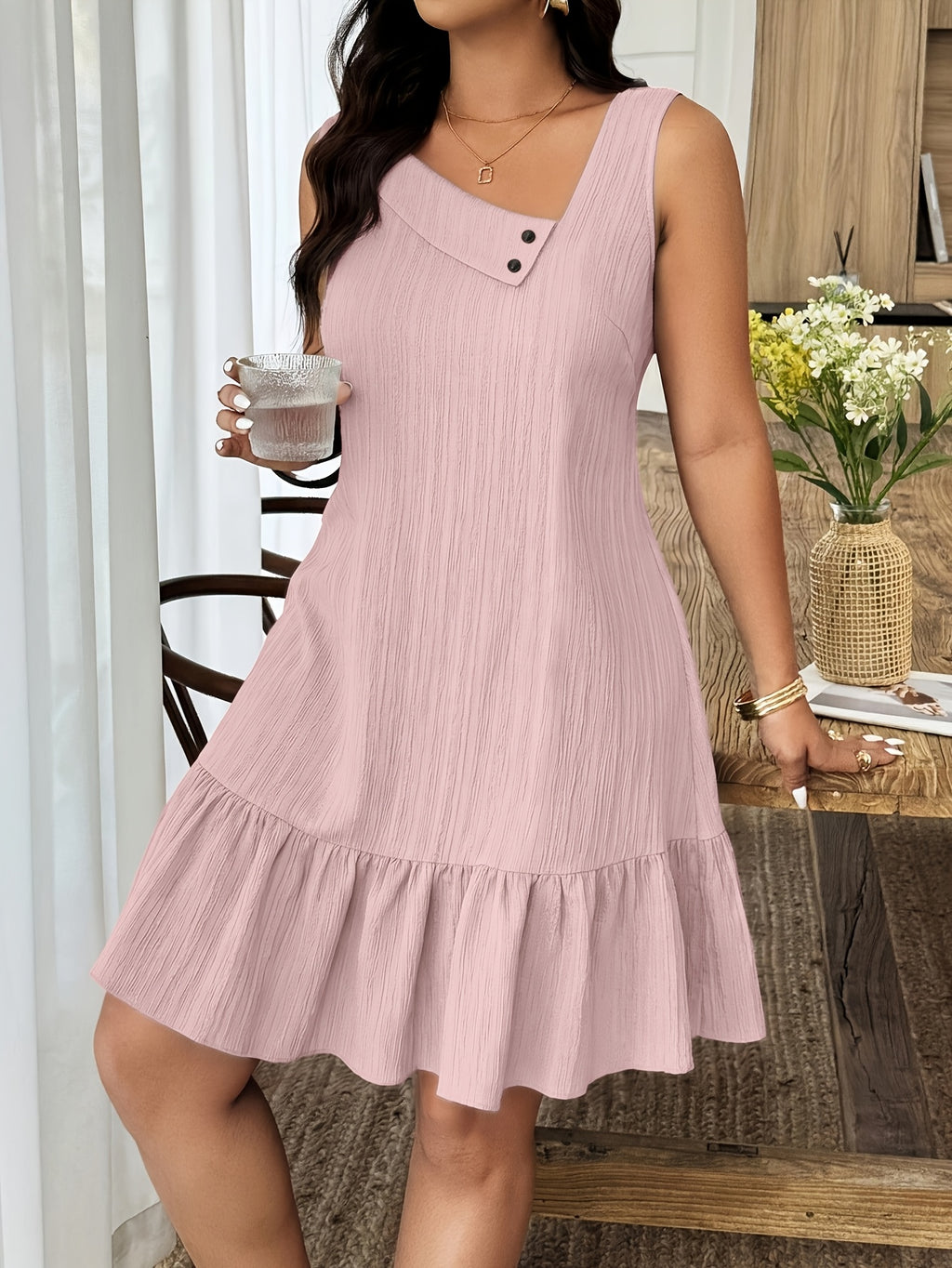 Lyliana | Elegante mouwloze damesjurk – soepel vallende, effen gekleurde A-lijn casual jurk