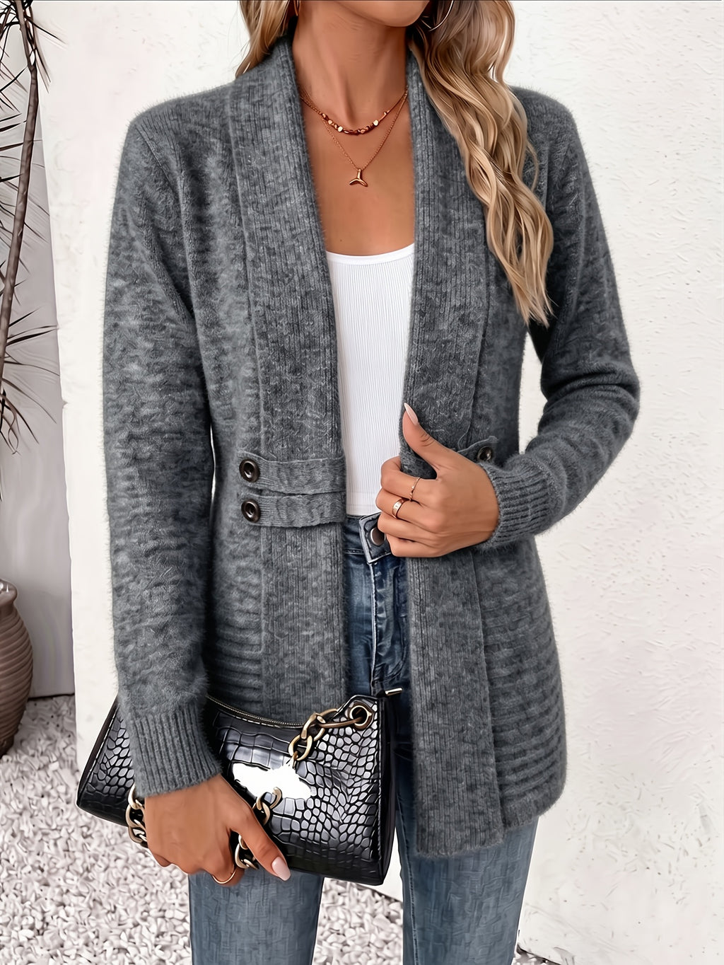 Wistera | Damesvest Cardigan – Dubbele Knoopsluiting, Ceintuur, Midilang & Losse Pasvorm