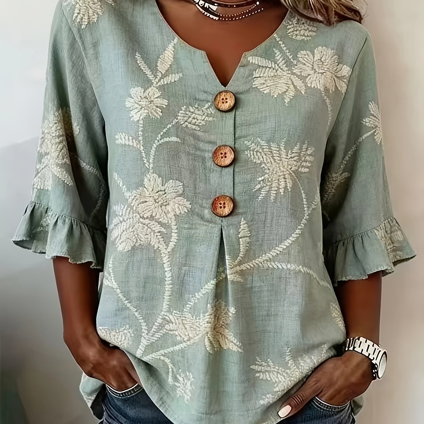 Pearlina | Damesblouse met bloemenprint en V-hals – Blouse met relaxte, losse pasvorm