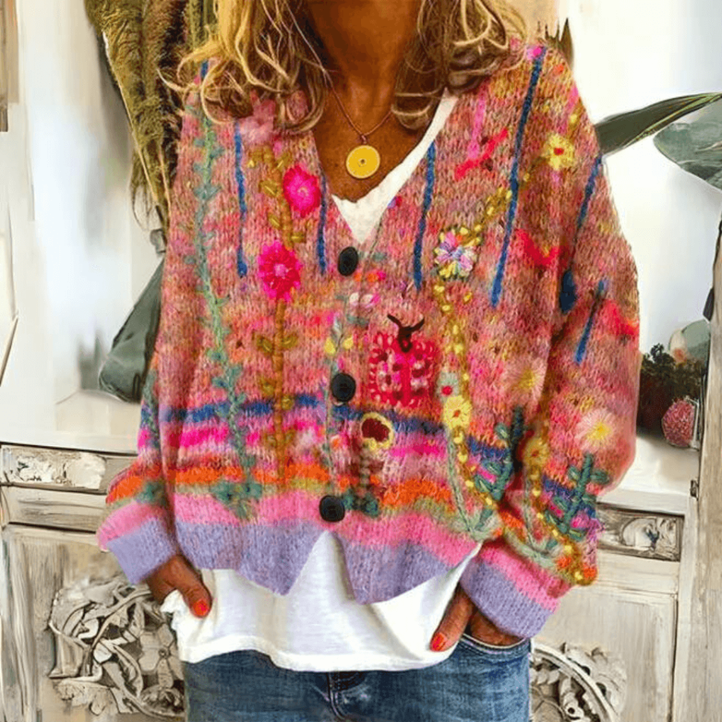 Catriona | Damesvest met bloemenprint, V-hals, knoopsluiting en relaxte pasvorm