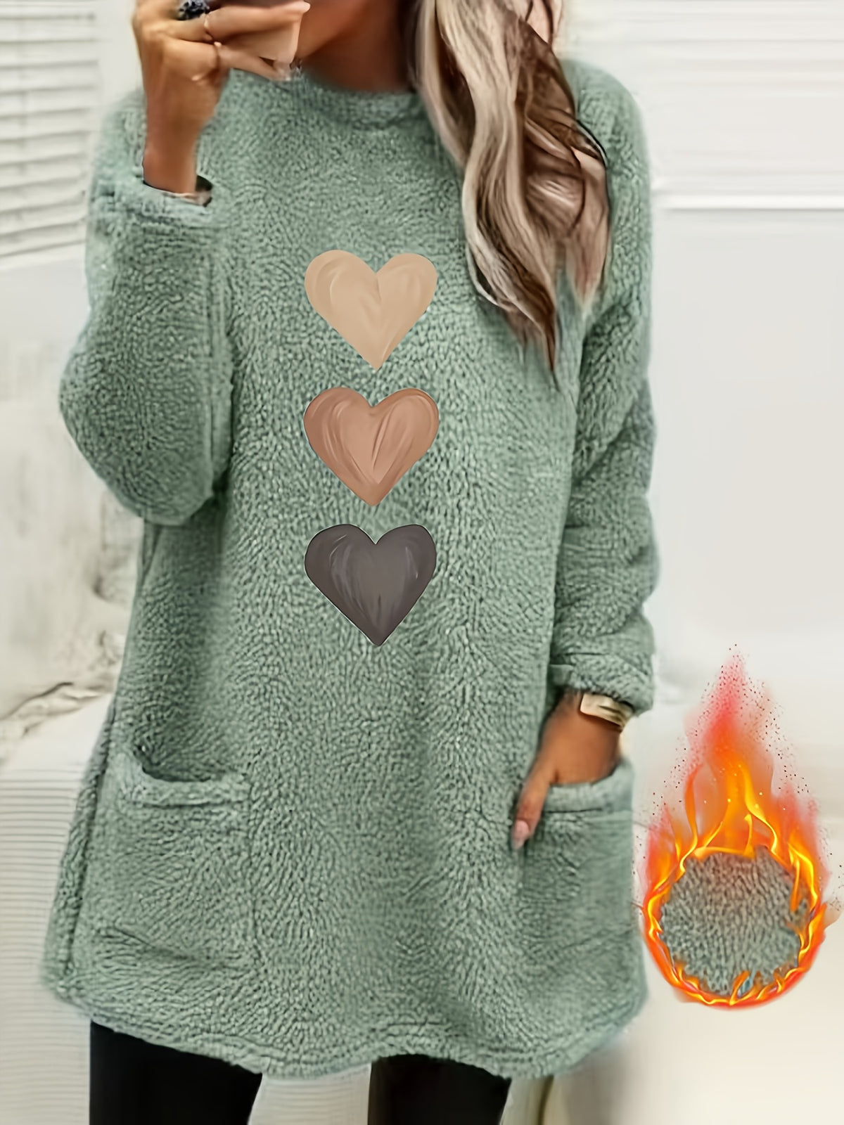 Leonie | Dames-sweatshirt met fleecevoering en hartjesprint – Casual pullover met lange mouwen