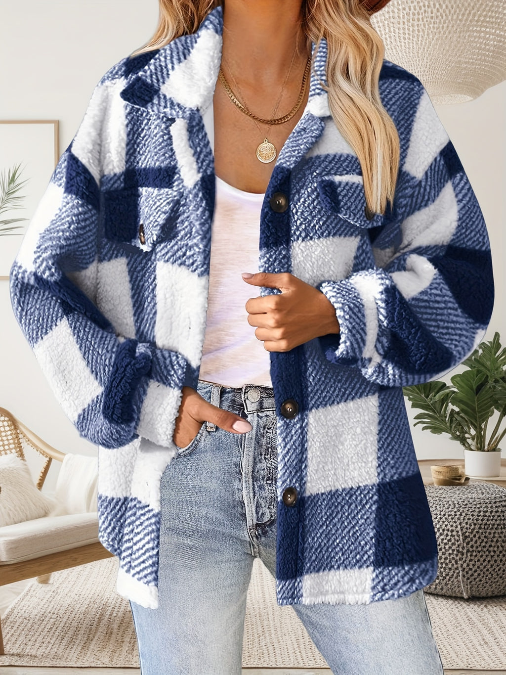 Vionelle | Damesjas van Pluche – Geruit, Knoopsluiting, Lange Mouwen & Zachte Casual Pasvorm