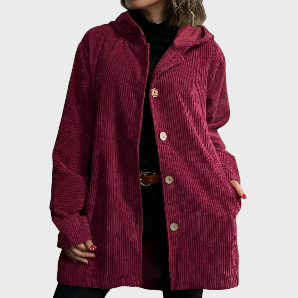 Fardina | Dames Corduroy Jas met Capuchon en Knoopsluiting – Casual Jas voor Herfst en Winter