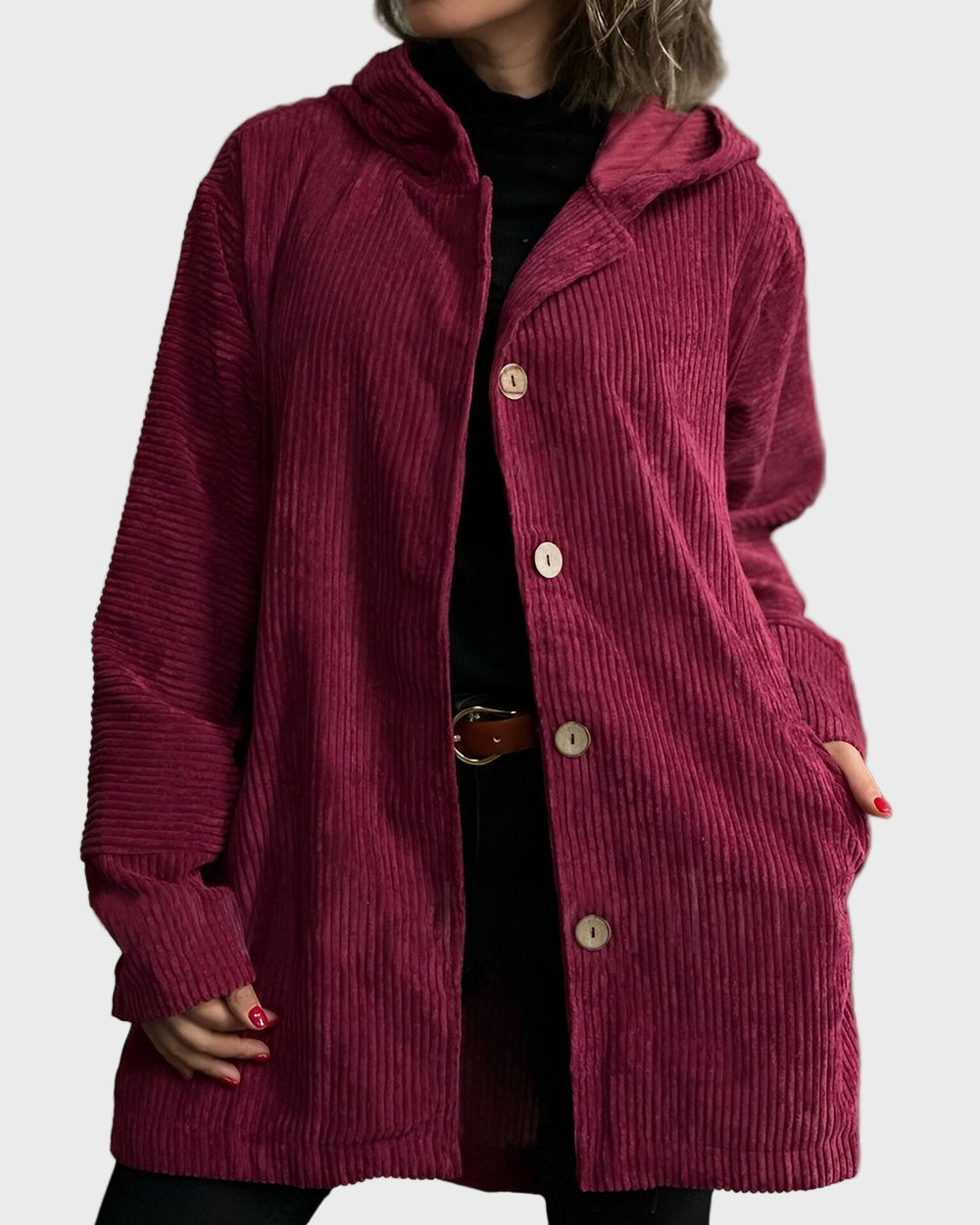 Fardina | Dames Corduroy Jas met Capuchon en Knoopsluiting – Casual Jas voor Herfst en Winter