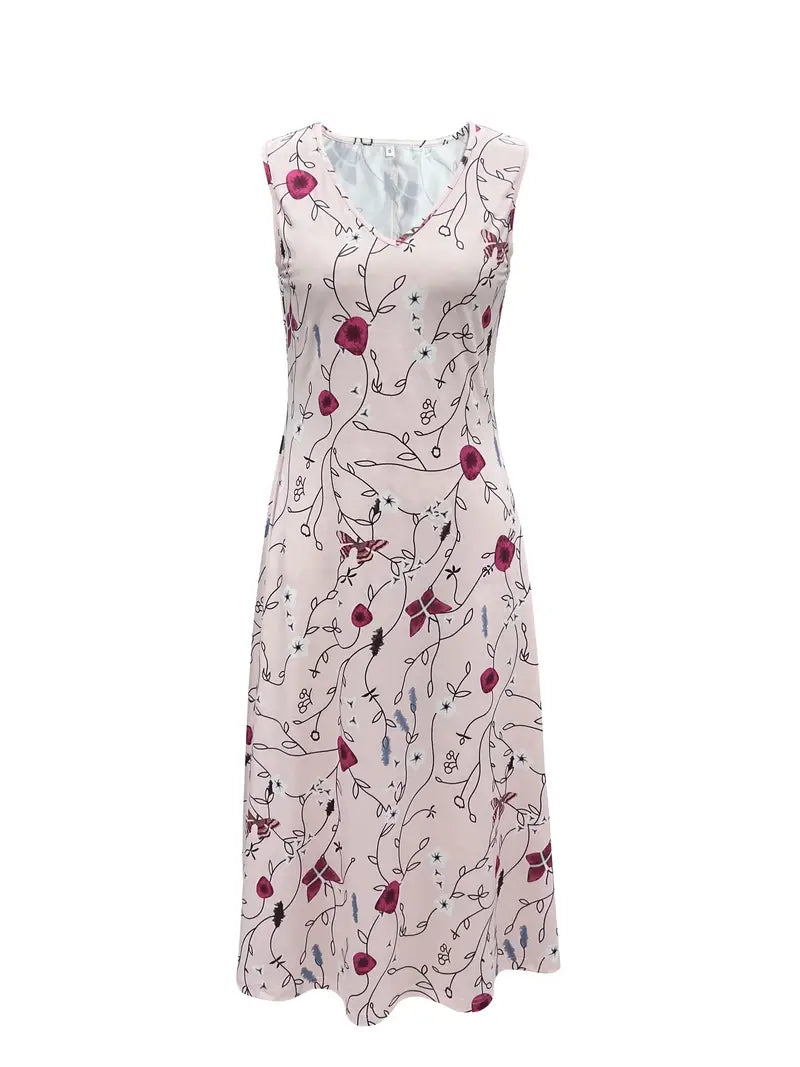 Janelle | Dames Tweedelige Jurk met Bloemenprint – Mouwloze Midi Jurk met V-Hals