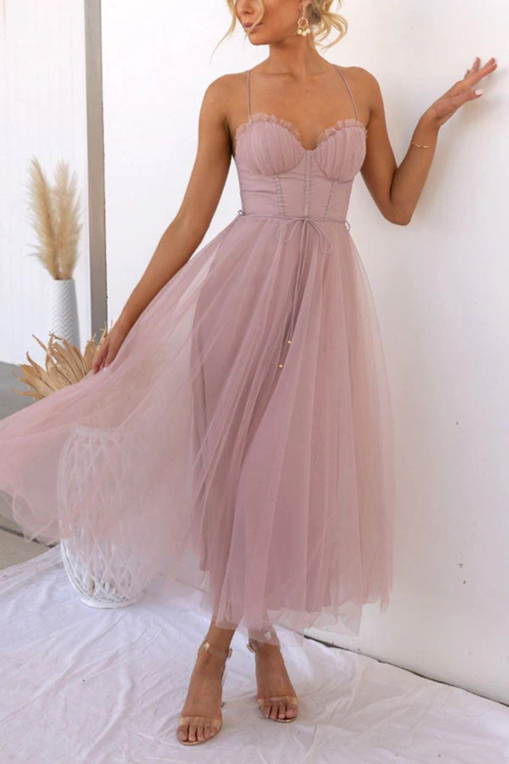 Greta | Formele Midi Jurk voor Dames – Strapless Avondjurk met Tule Bustier