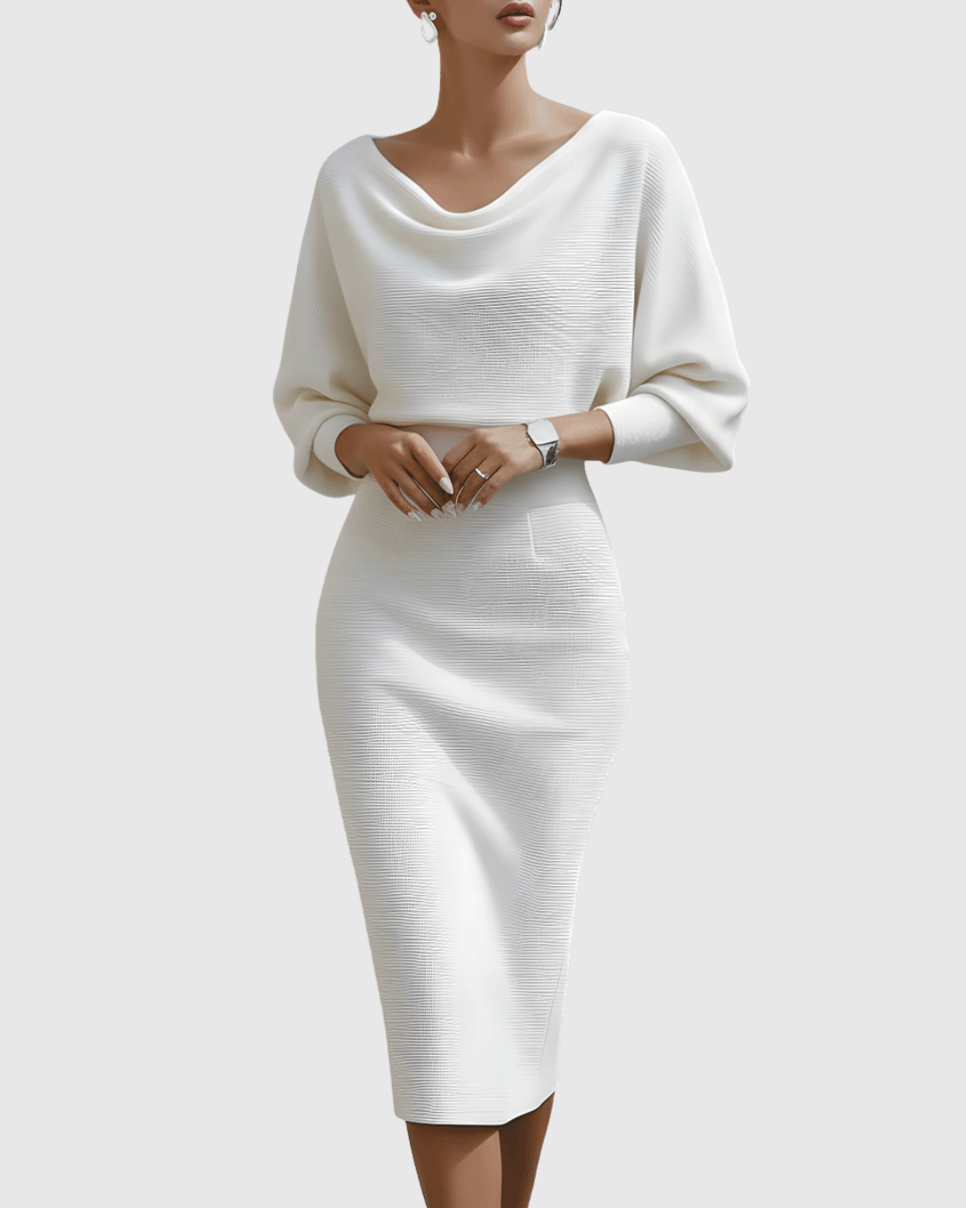 Aria | Witte midi-jurk met gedrapeerde batwing-mouwen voor dames – Elegant en ruimvallend