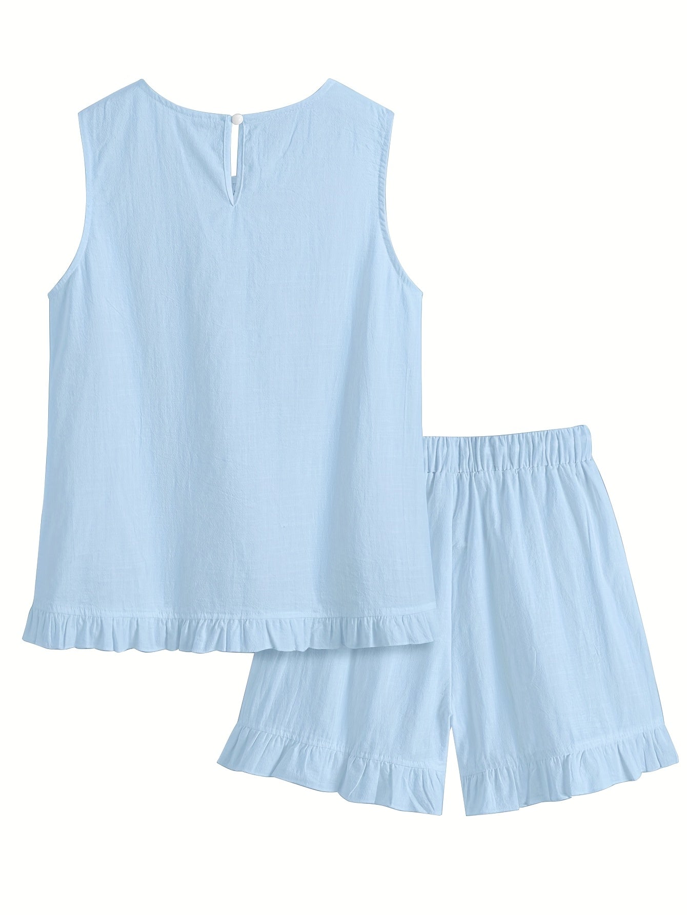 Teagan | Lounge-set voor dames met kanten randjes – mouwloze top en shorts met ruches