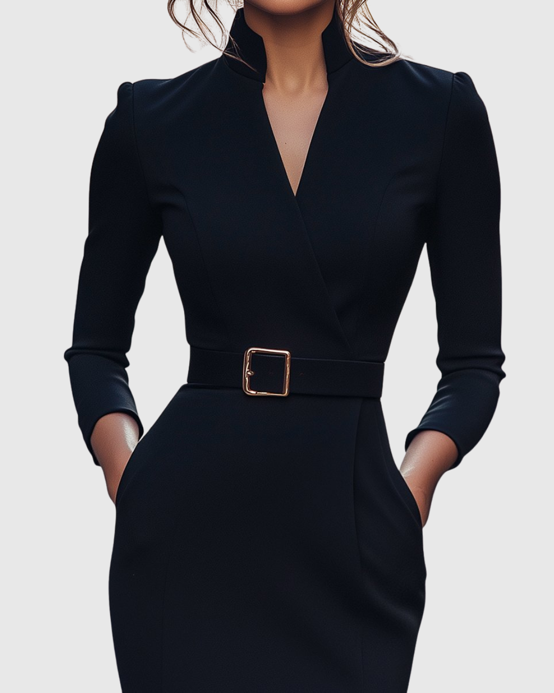 Arlena | Elegante werkjurk voor dames – Midi-kokerjurk met ceintuur en schijnbare overslaghalslijn