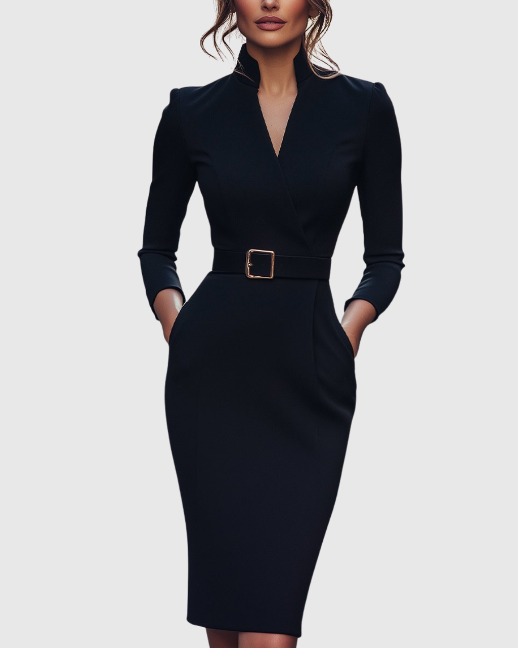 Arlena | Elegante werkjurk voor dames – Midi-kokerjurk met ceintuur en schijnbare overslaghalslijn