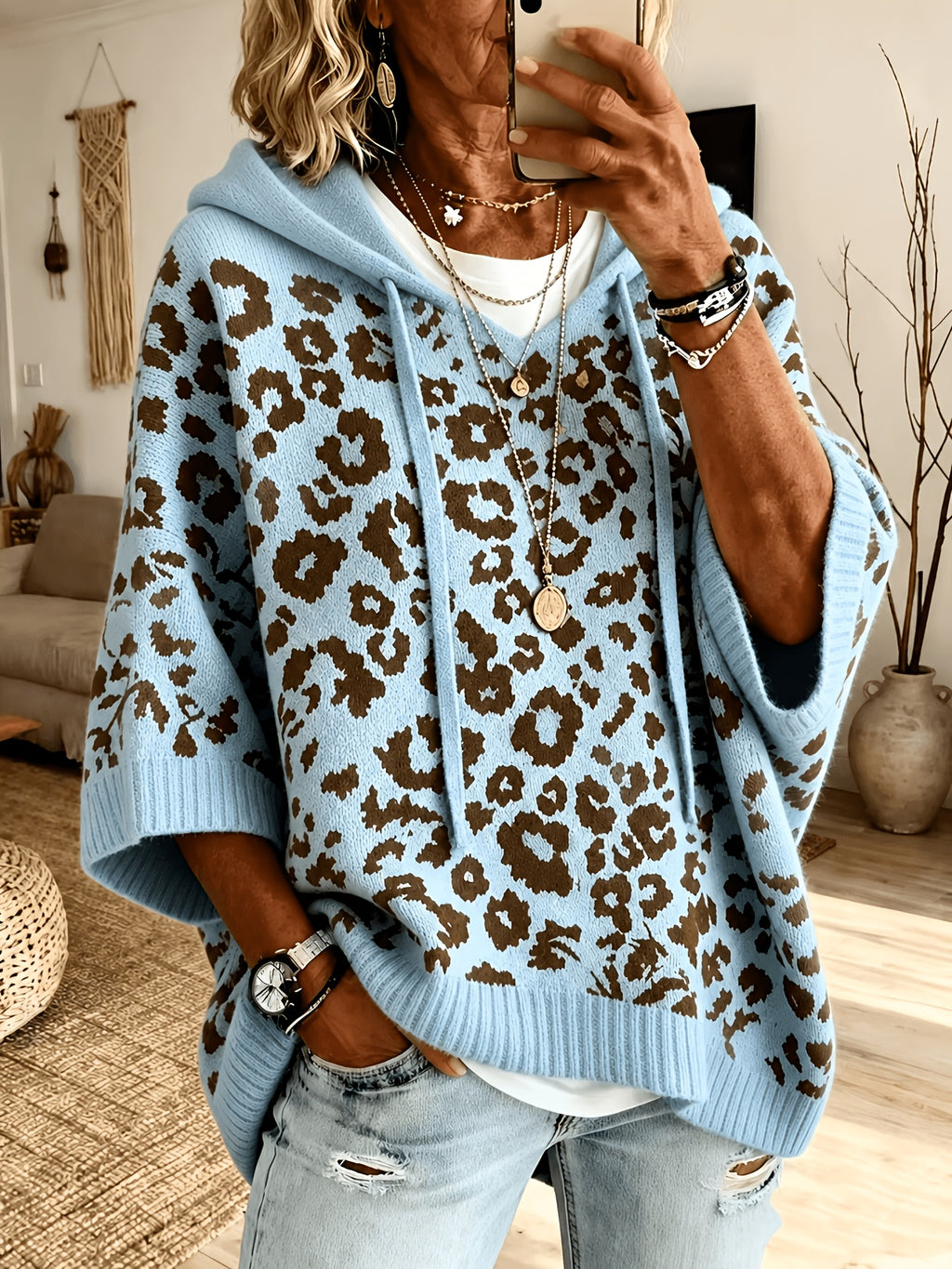 Betty | Hoodie met luipaardprint voor dames – Oversized trui met vleermuismouwen