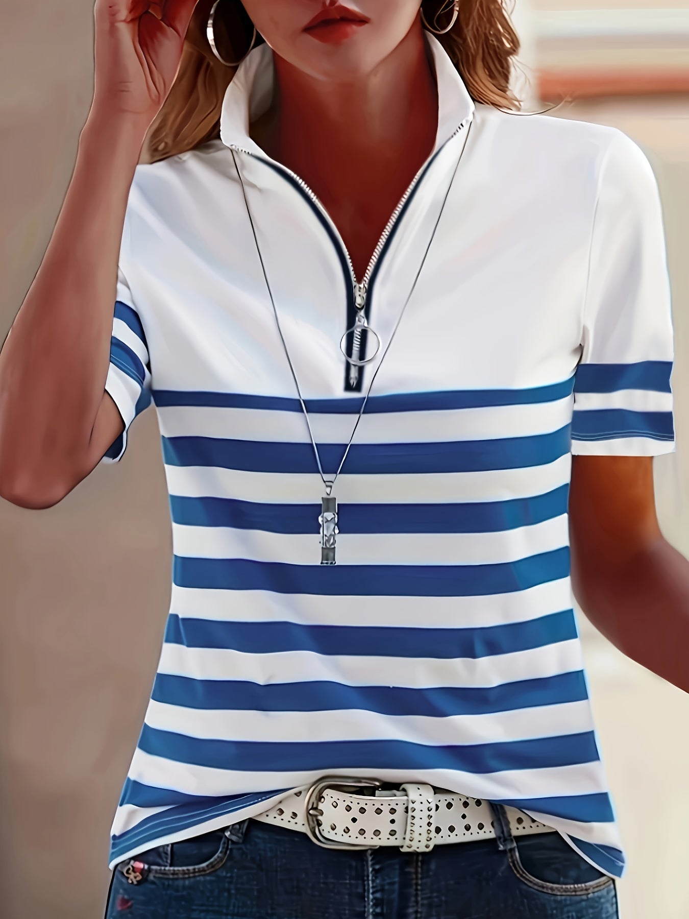 Lunavia | Dames Gestreepte Half-Zip Polo Shirt – Korte Mouw Casual