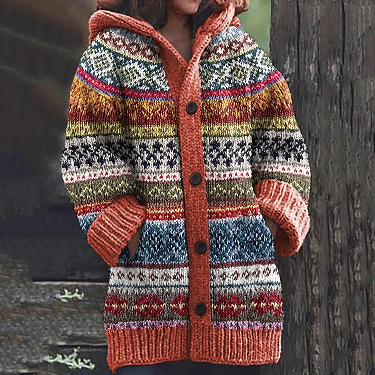 Feline | Warme Gebreide Damesjas met Patroon – Grofgebreide Winterjas
