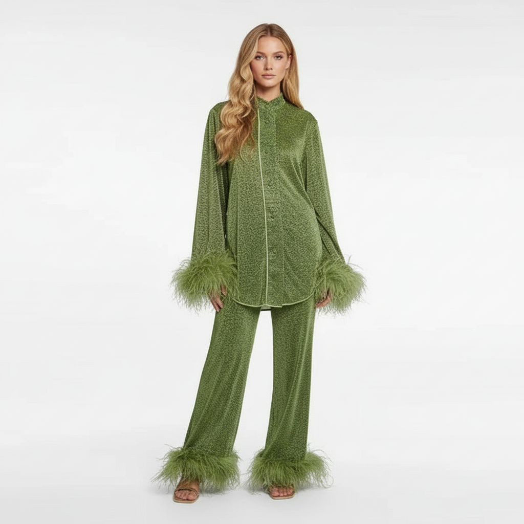 Rosalie | Luxe Glitter Set Dames – Feestelijke Glitter Outfit met Veren Details in Wijnrood