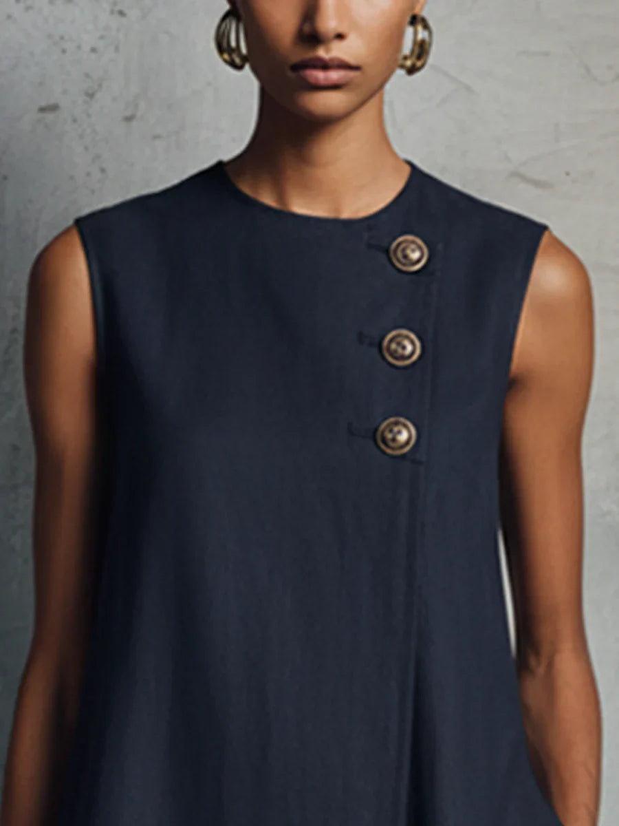 Serella | Marineblauwe minijurk voor dames – Mouwloze casual jurk met ronde hals