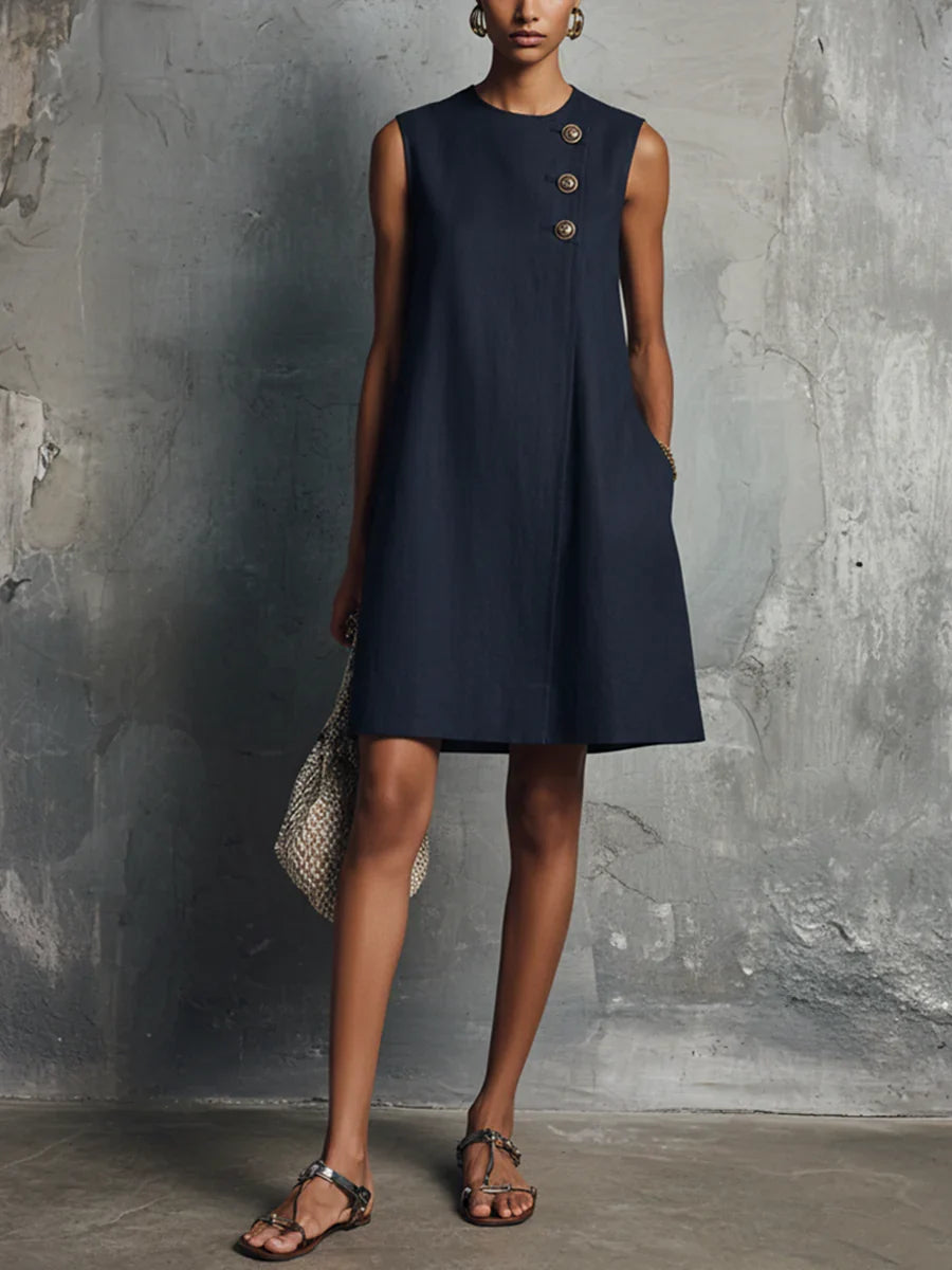 Serella | Marineblauwe minijurk voor dames – Mouwloze casual jurk met ronde hals