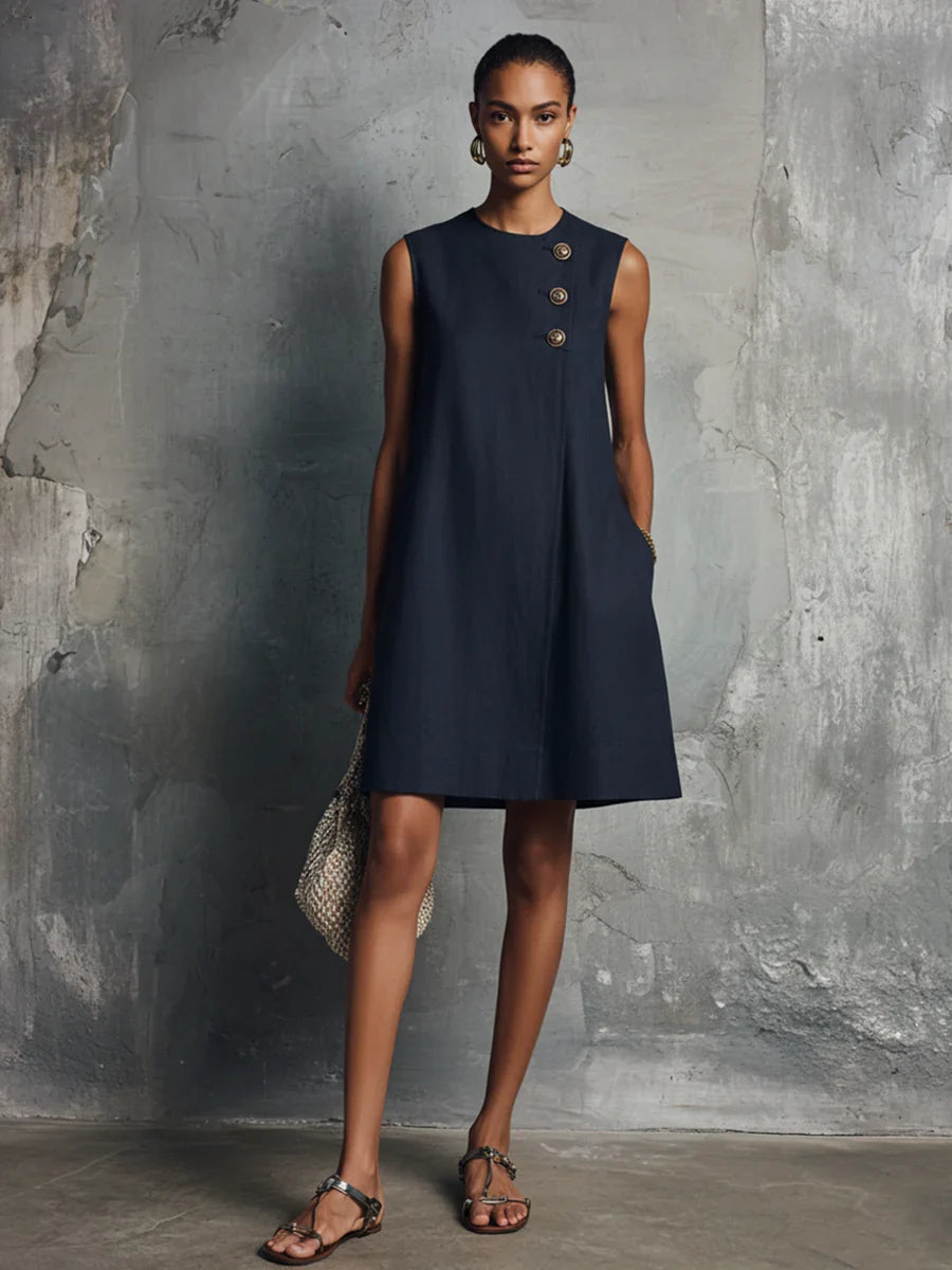 Serella | Marineblauwe minijurk voor dames – Mouwloze casual jurk met ronde hals