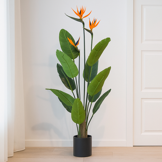 Strelitzia met bloemen - 120cm - In zwarte pot - Kunstplant