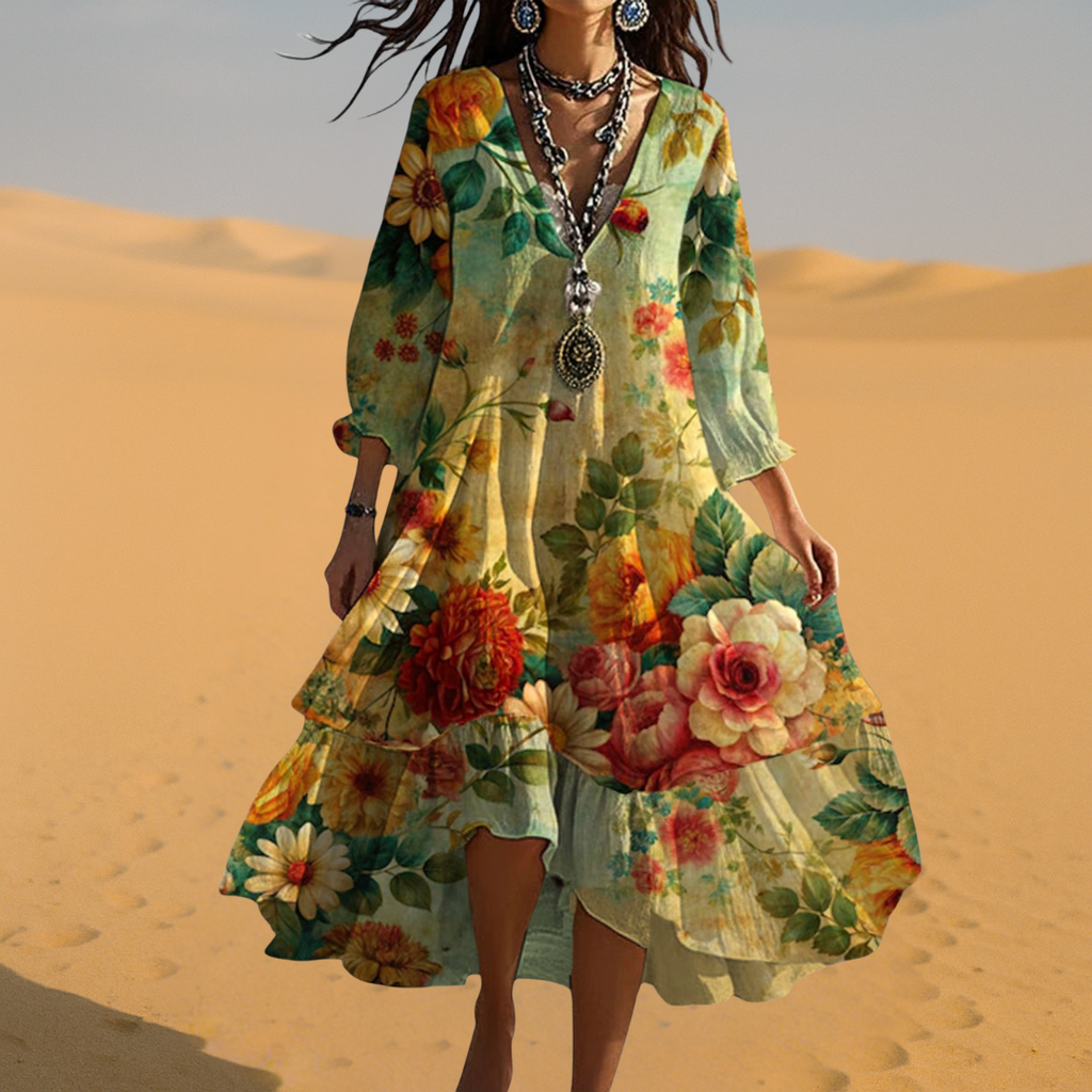 Jirelle | Dames Bohemian Zomerjurk – Vintage V-hals Jurk, Casual Zwierige Midi-jurk