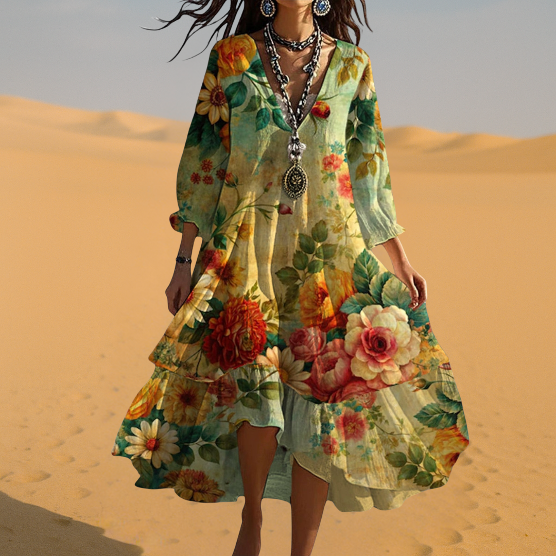 Jirelle | Dames Bohemian Zomerjurk – Vintage V-hals Jurk, Casual Zwierige Midi-jurk