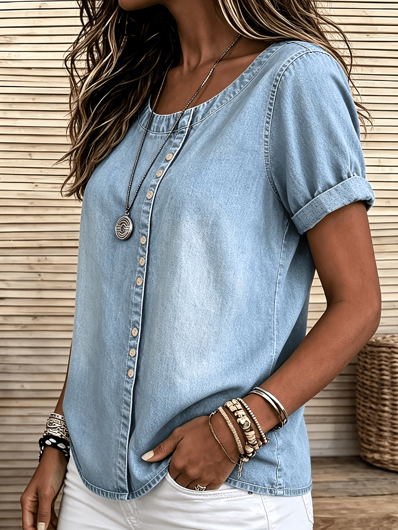 Viviana | Casual denimtop voor dames – Blouse met korte mouwen en versleten look