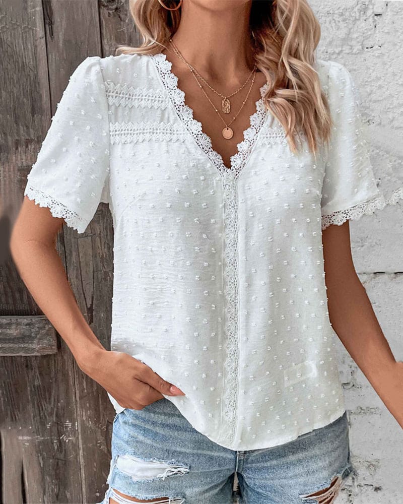 Morvina | Dames Kanten Blouse – Korte Mouwen Overhemd Top