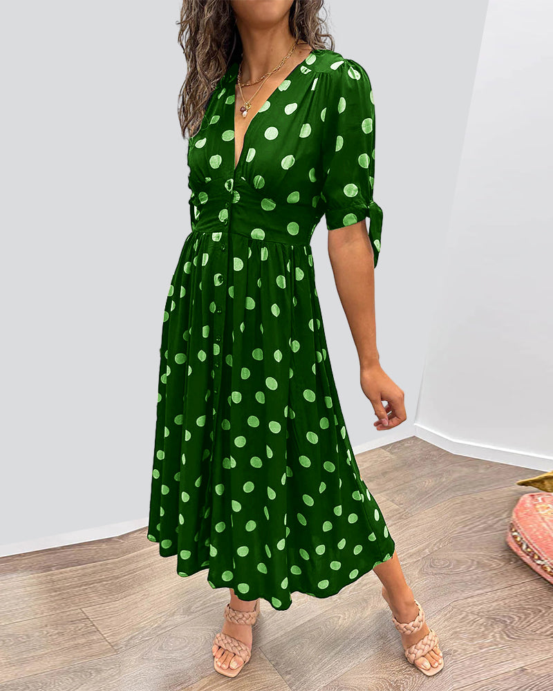 Damaris | Dames Polkadot Midi-jurk – Elegante A-lijn jurk met V-hals