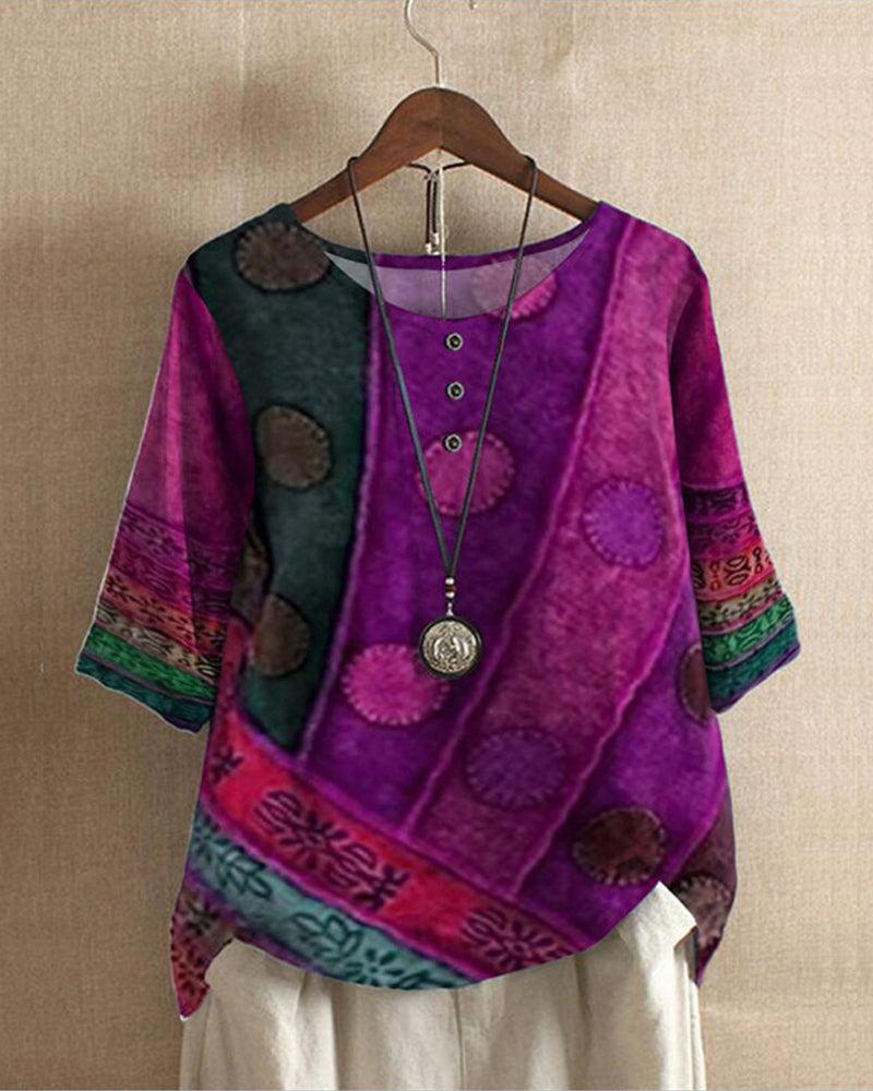 Talyra | Dames Boho Print Top – Vintage Blouse met Halve Mouwen