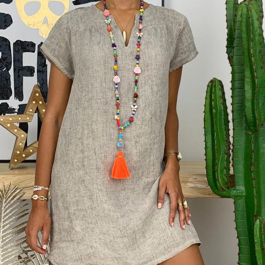 Eleni | Dames Elegante Midi-jurk – Katoenen Linnen Zomerjurk met Zwierige Losse Pasvorm