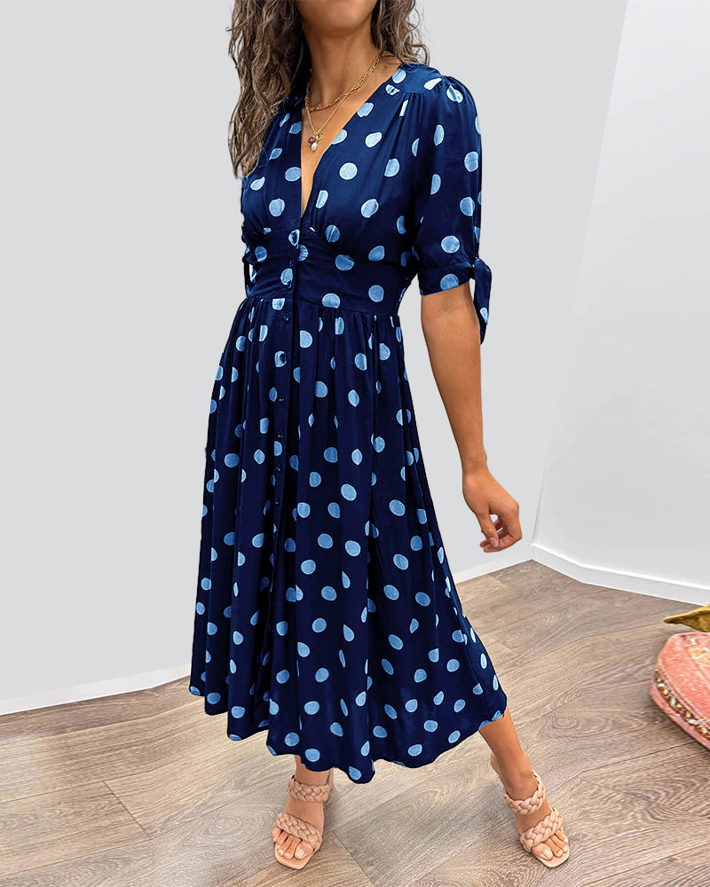 Damaris | Dames Polkadot Midi-jurk – Elegante A-lijn jurk met V-hals