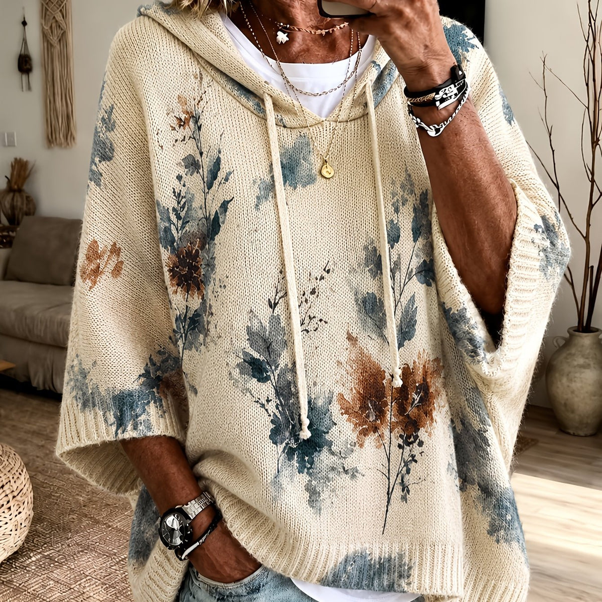 Eden | Damescape met capuchon en bloemenprint – pullover met 3/4-mouwen en trekkoord