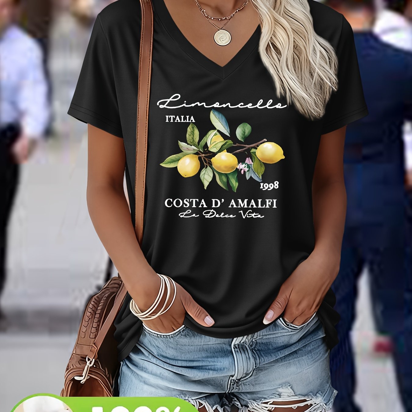 Belyn | Zomer-T-shirt voor dames – Top met V-hals, grafische print, zwaar materiaal, casual en chic