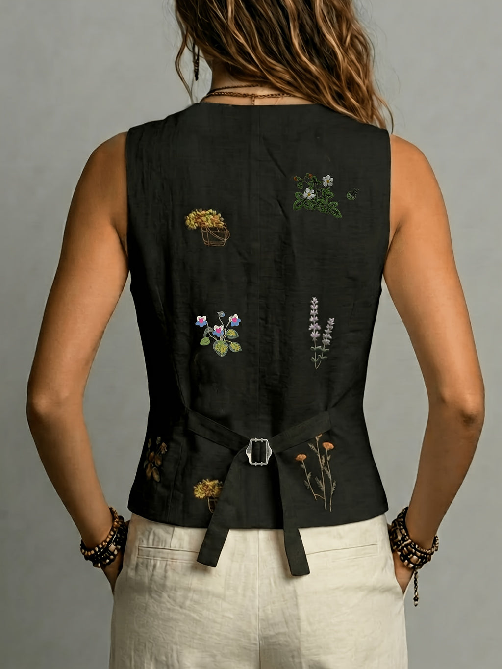 Posie | Linnenmix-vest voor dames – Geborduurd, mouwloos vest met ceintuur