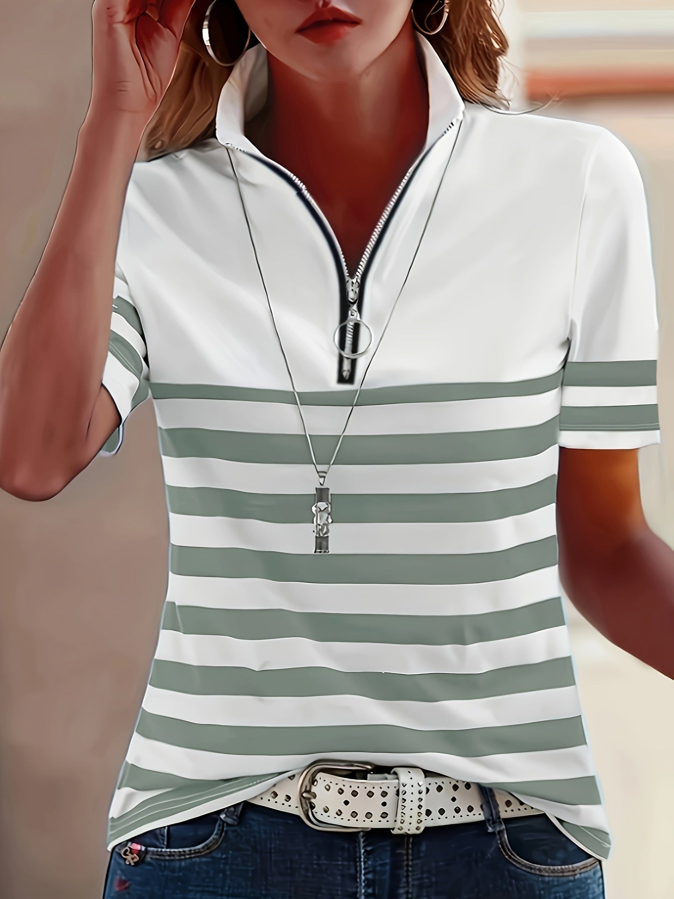 Lunavia | Dames Gestreepte Half-Zip Polo Shirt – Korte Mouw Casual