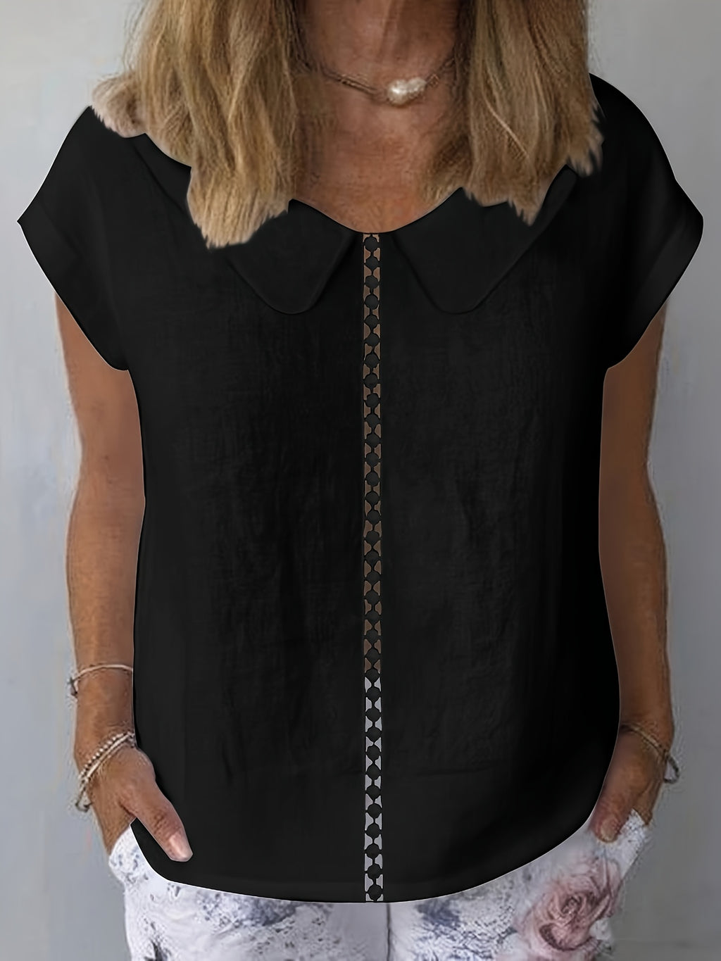 Paloma | Casual damesblouse – Shirt met korte mouwen en patchwork van kant