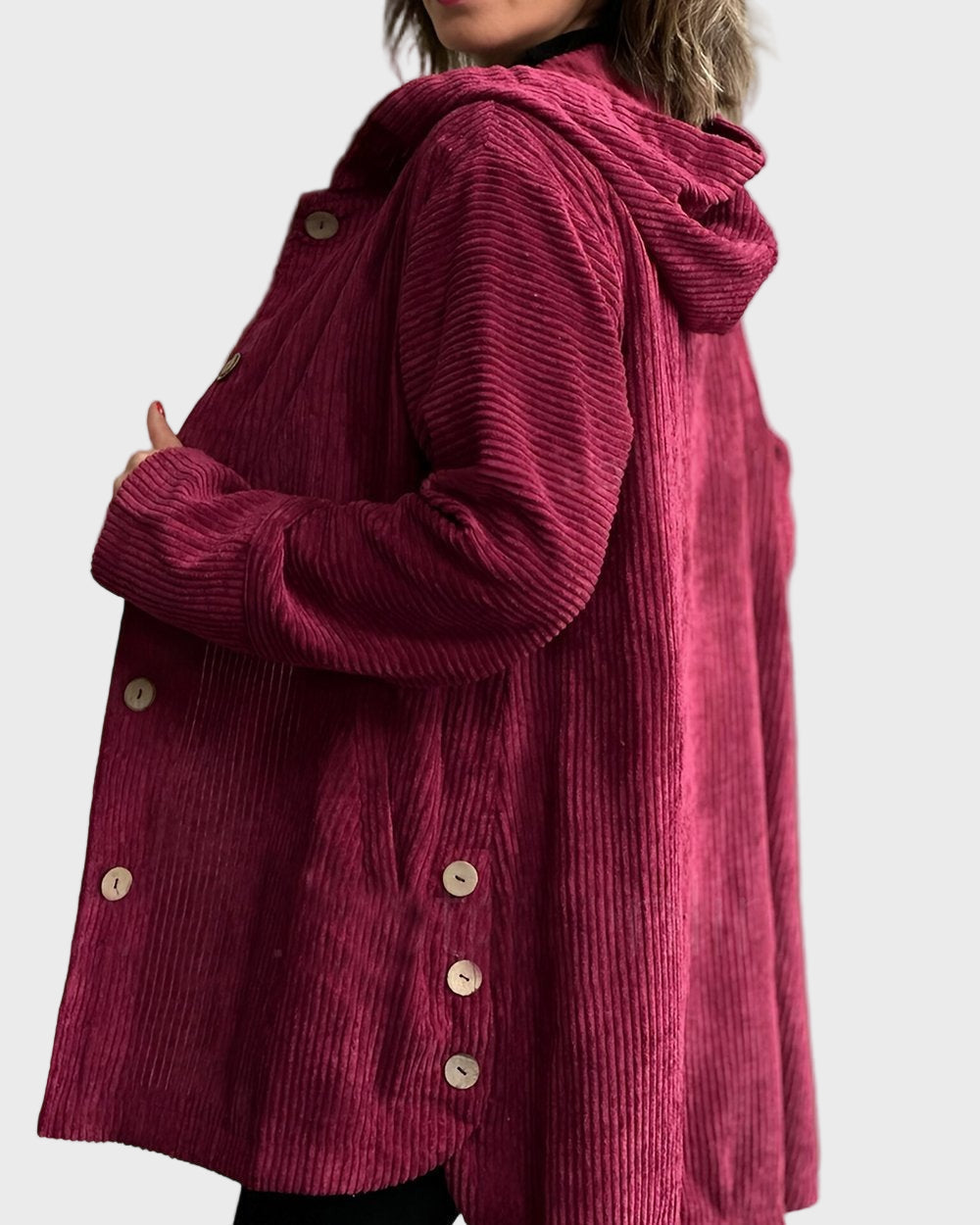 Fardina | Dames Corduroy Jas met Capuchon en Knoopsluiting – Casual Jas voor Herfst en Winter