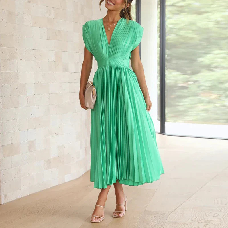 Aina | Elegante geplooide maxi-jurk voor dames – V-hals, zwierige lange casual zomerjurk