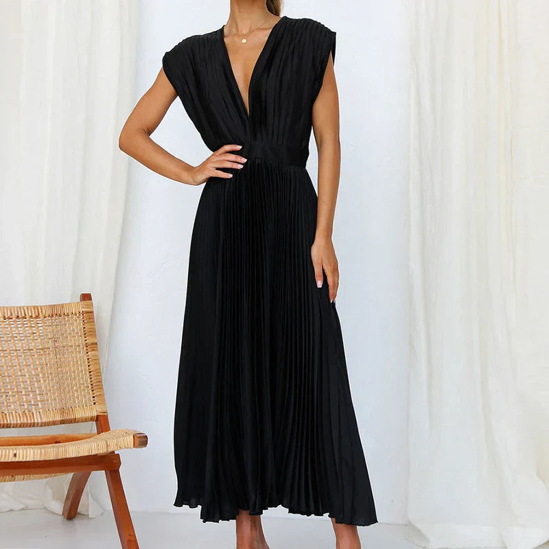 Aina | Elegante geplooide maxi-jurk voor dames – V-hals, zwierige lange casual zomerjurk