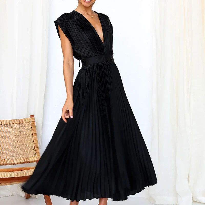 Aina | Elegante geplooide maxi-jurk voor dames – V-hals, zwierige lange casual zomerjurk